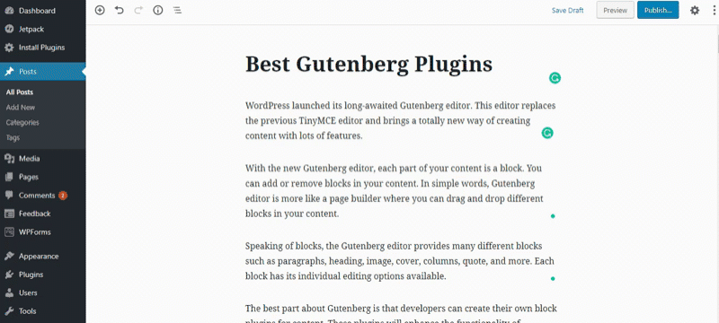 ویژگی های Gutenberg حالت تمام صفحه