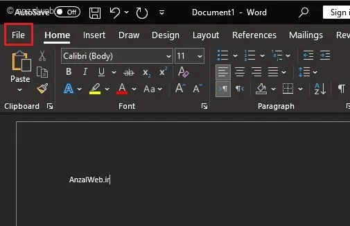 انتخاب تب File&zwnj; برای تغییر زبان ورد