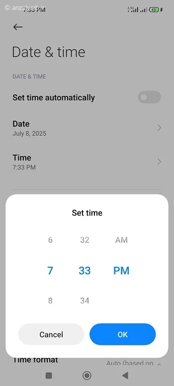 از طریق گزینه&zwnj; Time ساعت را به صورت صحیح دستی تنظیم کنید