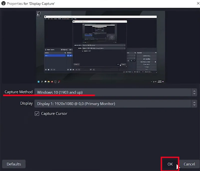 پنجره تنظیمات Display Capture&zwnj; برای رفع مشکل صفحه سیاه OBS