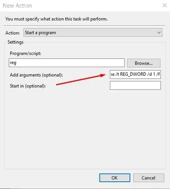 فیلد Add Arguments تغییر تم لپ تاپ ویندوز 11