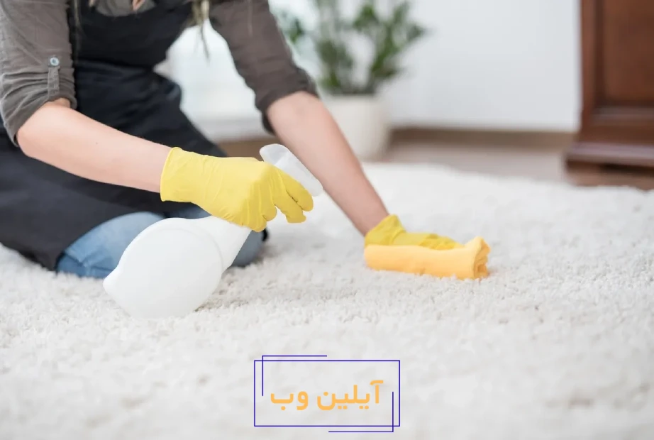 فردی درحال تمیز کردن فرش با دستمال و مواد شوینده